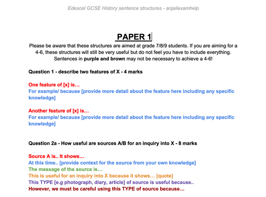 DIGITAL FILE of GRADE 9 GCSE HISTORY QUESTION STRUCTURES EDEXCEL